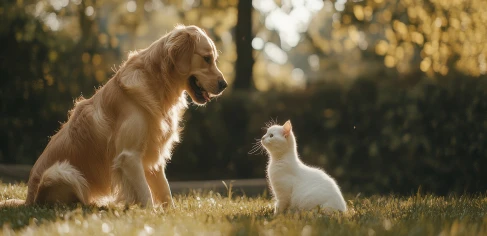 Um cachorro e um gato brincando alegremente na grama verde.