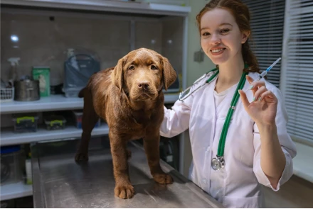 Uma mulher com jaleco branco segurando um cachorro, demonstrando cuidado e profissionalismo na área da saúde animal.