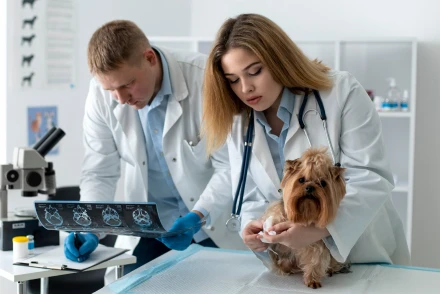 Duas pessoas em jalecos de laboratório examinando um cachorro com atenção e cuidado.